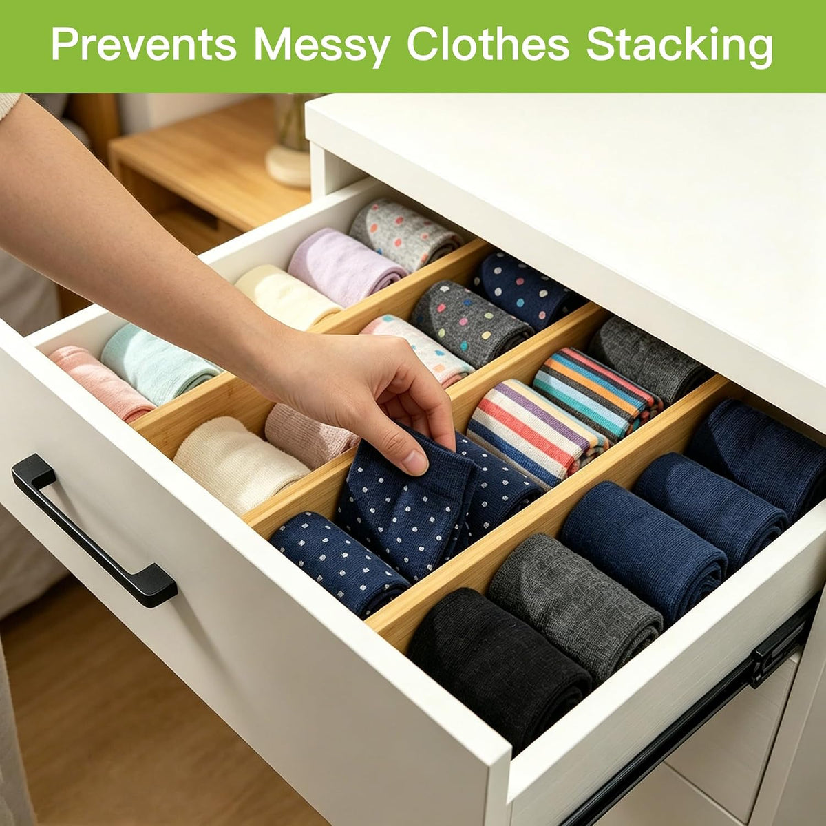4 Pcs Bamboo Kitchen Drawer Dividers, Large Drawers Organizers | Adjustable Spring Loaded Expandable Organization, Works in Dresser, Bathroom, Bedroom, Office, Fit 17.8"-20.6" Drawer, 2.4"H