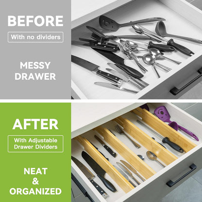 4 Pcs Bamboo Kitchen Drawer Dividers, Large Drawers Organizers | Adjustable Spring Loaded Expandable Organization, Works in Dresser, Bathroom, Bedroom, Office, Fit 17.8"-20.6" Drawer, 2.4"H