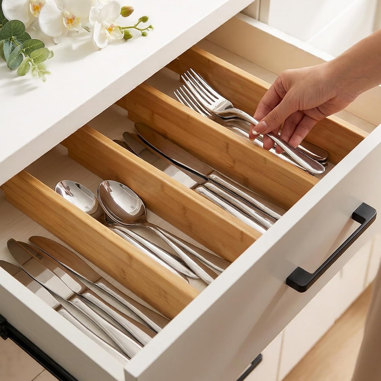 4 Pcs Bamboo Kitchen Drawer Dividers, Large Drawers Organizers | Adjustable Spring Loaded Expandable Organization, Works in Dresser, Bathroom, Bedroom, Office, Fit 17.8"-20.6" Drawer, 2.4"H