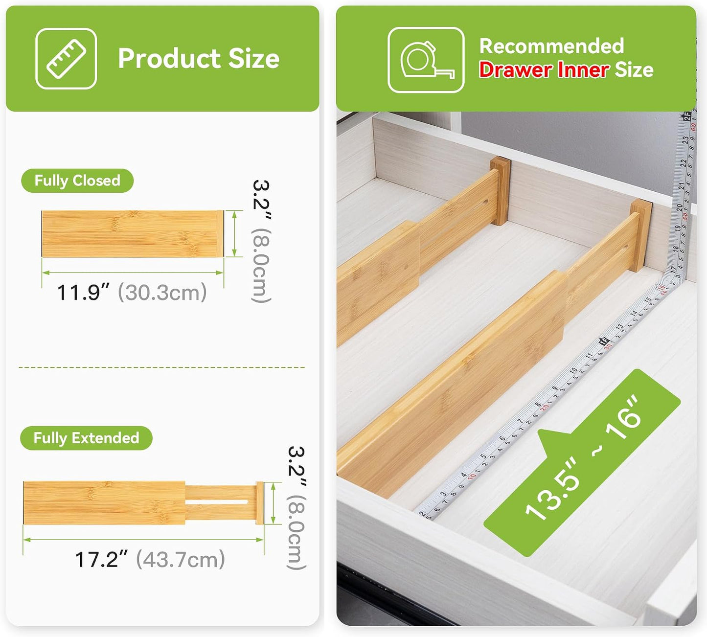 4 Pcs Bamboo Kitchen Drawer Dividers, Large Drawers Organizers | Adjustable Spring Loaded Expandable Organization, Works in Dresser, Bathroom, Bedroom, Office, Fit 17.8"-20.6" Drawer, 2.4"H