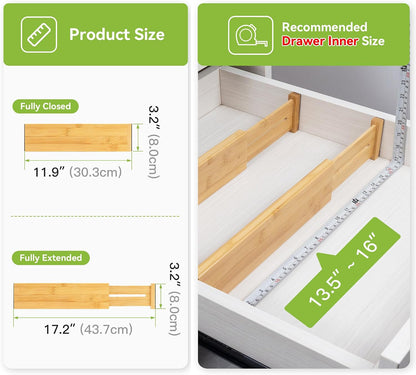 4 Pcs Bamboo Kitchen Drawer Dividers, Large Drawers Organizers | Adjustable Spring Loaded Expandable Organization, Works in Dresser, Bathroom, Bedroom, Office, Fit 17.8"-20.6" Drawer, 2.4"H