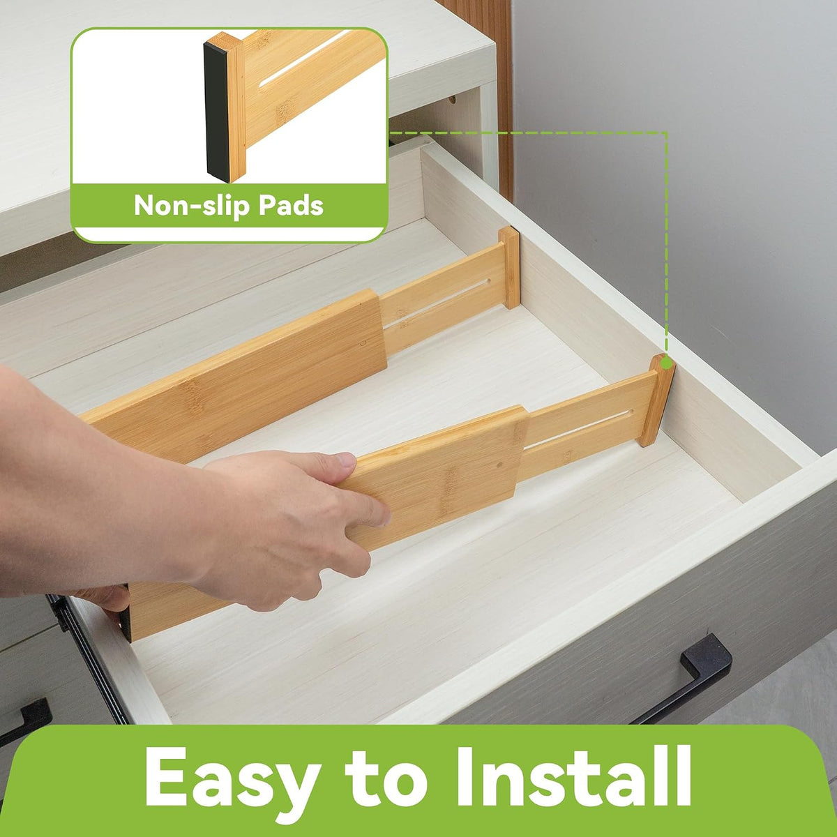 4 Pcs Bamboo Kitchen Drawer Dividers, Large Drawers Organizers | Adjustable Spring Loaded Expandable Organization, Works in Dresser, Bathroom, Bedroom, Office, Fit 17.8"-20.6" Drawer, 2.4"H