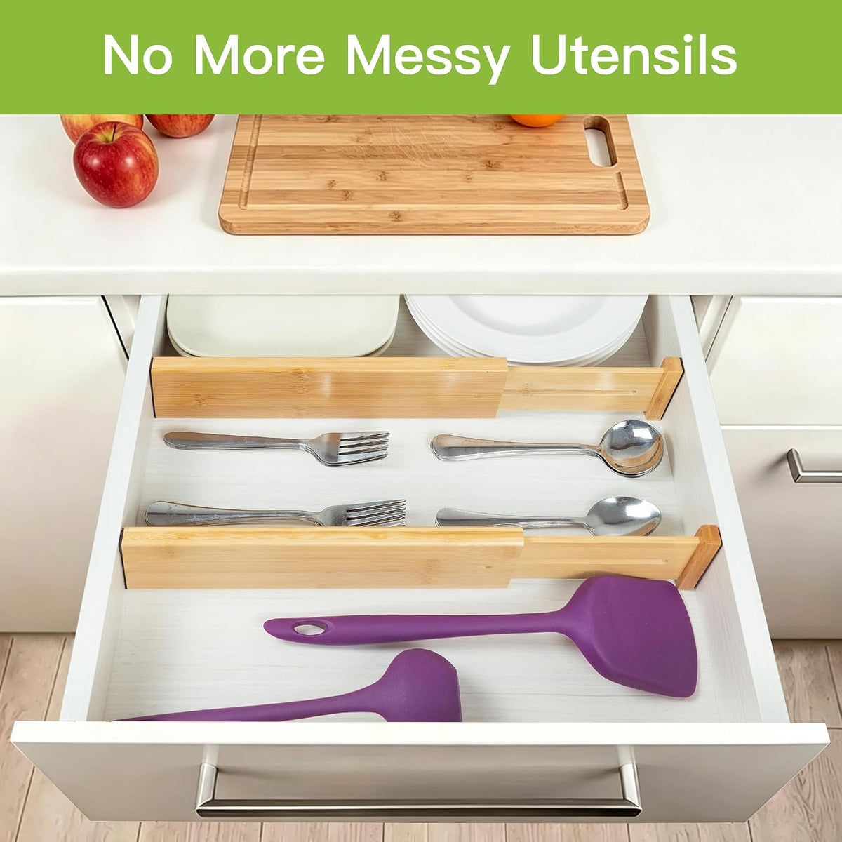 4 Pcs Bamboo Kitchen Drawer Dividers, Large Drawers Organizers | Adjustable Spring Loaded Expandable Organization, Works in Dresser, Bathroom, Bedroom, Office, Fit 17.8"-20.6" Drawer, 2.4"H