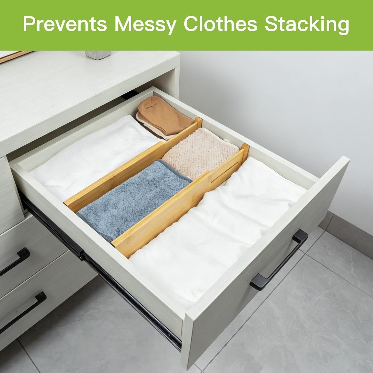 4 Pcs Bamboo Kitchen Drawer Dividers, Large Drawers Organizers | Adjustable Spring Loaded Expandable Organization, Works in Dresser, Bathroom, Bedroom, Office, Fit 17.8"-20.6" Drawer, 2.4"H