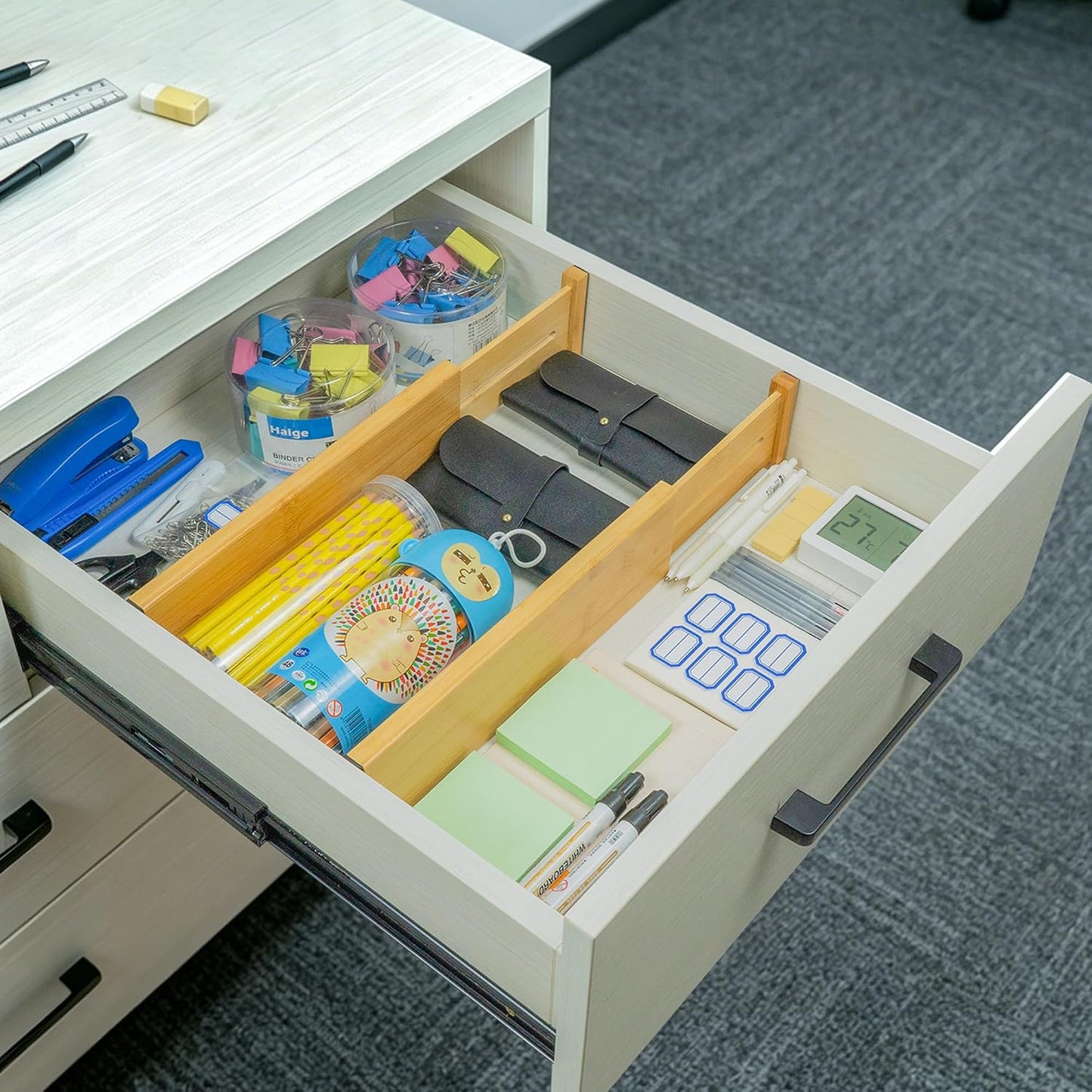 4 Pcs Bamboo Kitchen Drawer Dividers, Large Drawers Organizers | Adjustable Spring Loaded Expandable Organization, Works in Dresser, Bathroom, Bedroom, Office, Fit 17.8"-20.6" Drawer, 2.4"H