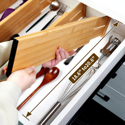 4 Pcs Bamboo Kitchen Drawer Dividers, Large Drawers Organizers | Adjustable Spring Loaded Expandable Organization, Works in Dresser, Bathroom, Bedroom, Office, Fit 17.8"-20.6" Drawer, 2.4"H