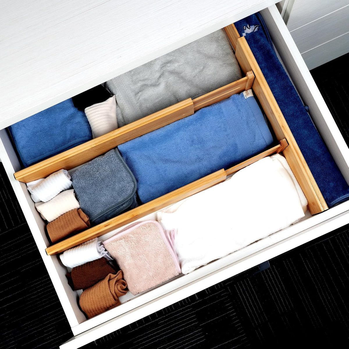 4 Pcs Bamboo Kitchen Drawer Dividers, Large Drawers Organizers | Adjustable Spring Loaded Expandable Organization, Works in Dresser, Bathroom, Bedroom, Office, Fit 17.8"-20.6" Drawer, 2.4"H