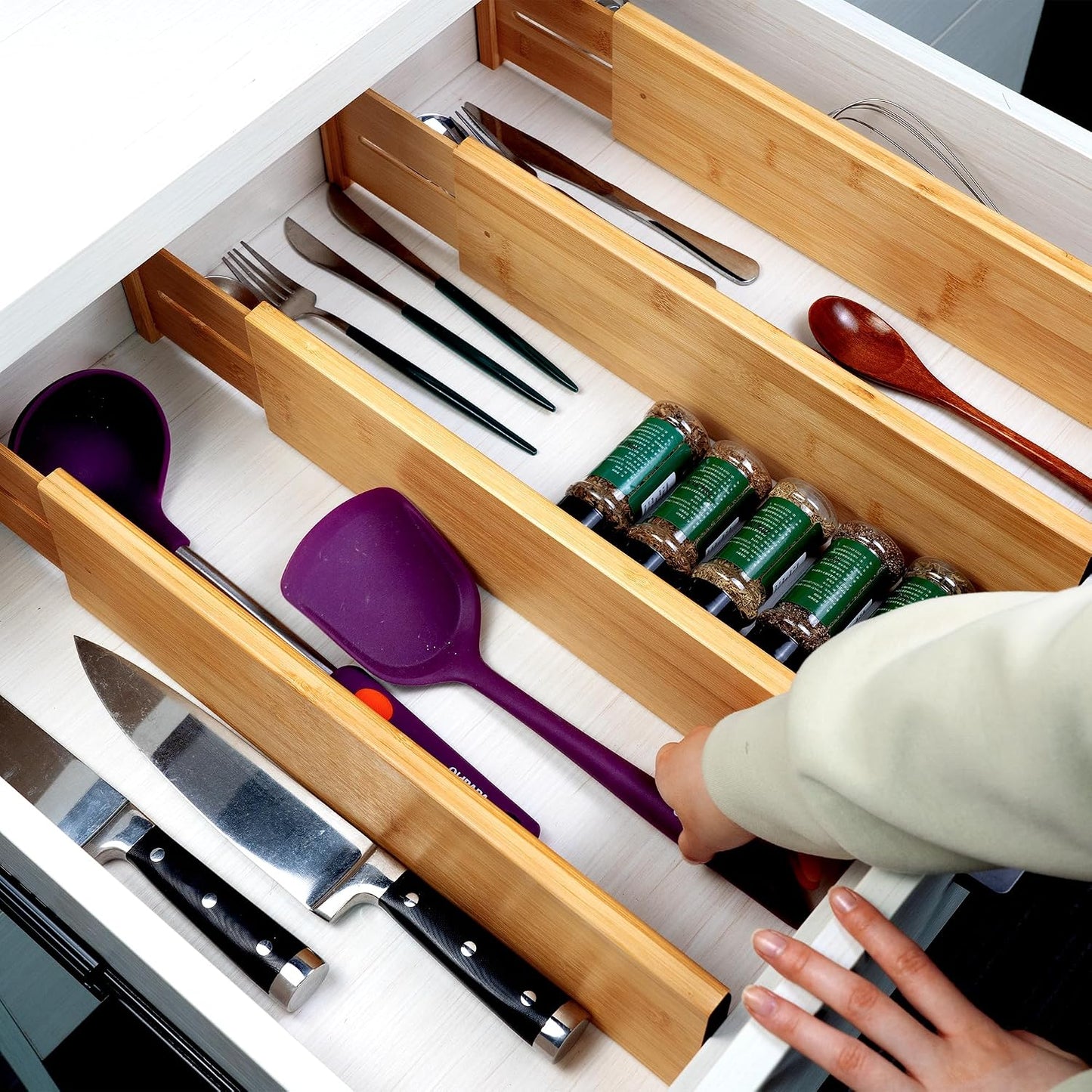 4 Pcs Bamboo Kitchen Drawer Dividers, Large Drawers Organizers | Adjustable Spring Loaded Expandable Organization, Works in Dresser, Bathroom, Bedroom, Office, Fit 17.8"-20.6" Drawer, 2.4"H