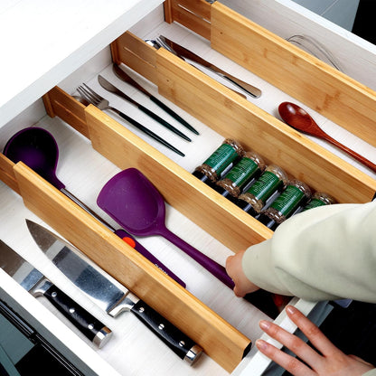 4 Pcs Bamboo Kitchen Drawer Dividers, Large Drawers Organizers | Adjustable Spring Loaded Expandable Organization, Works in Dresser, Bathroom, Bedroom, Office, Fit 17.8"-20.6" Drawer, 2.4"H