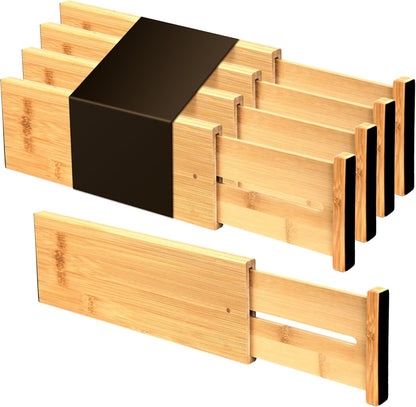 4 Pcs Bamboo Kitchen Drawer Dividers, Large Drawers Organizers | Adjustable Spring Loaded Expandable Organization, Works in Dresser, Bathroom, Bedroom, Office, Fit 17.8"-20.6" Drawer, 2.4"H