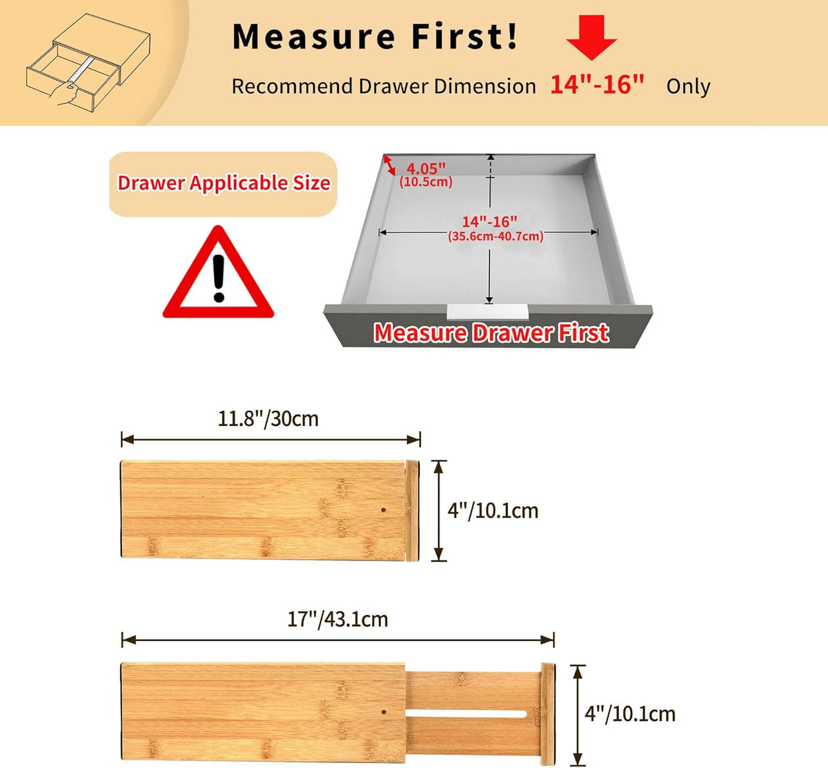 4 Pcs Bamboo Kitchen Drawer Dividers, Large Drawers Organizers | Adjustable Spring Loaded Expandable Organization, Works in Dresser, Bathroom, Bedroom, Office, Fit 17.8"-20.6" Drawer, 2.4"H