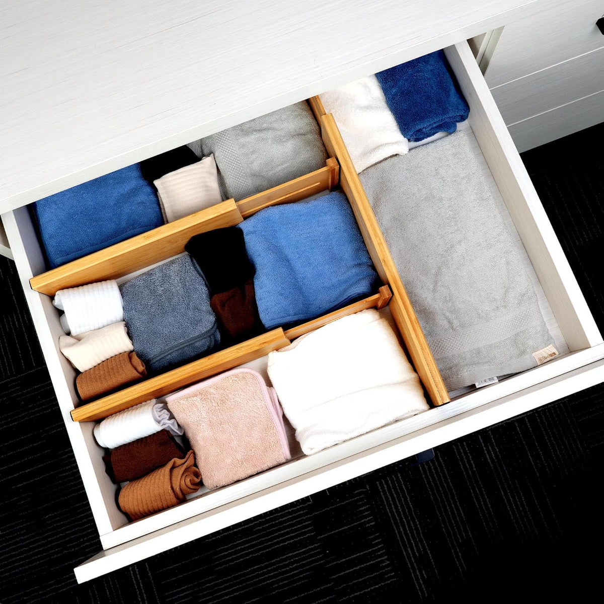 4 Pcs Bamboo Kitchen Drawer Dividers, Large Drawers Organizers | Adjustable Spring Loaded Expandable Organization, Works in Dresser, Bathroom, Bedroom, Office, Fit 17.8"-20.6" Drawer, 2.4"H