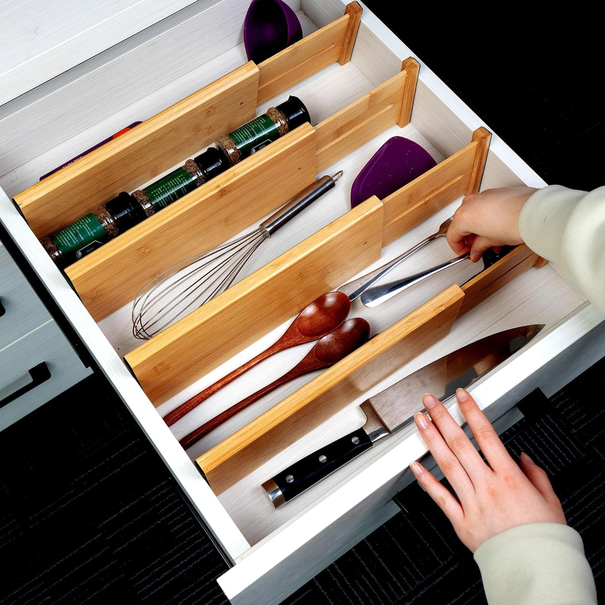 4 Pcs Bamboo Kitchen Drawer Dividers, Large Drawers Organizers | Adjustable Spring Loaded Expandable Organization, Works in Dresser, Bathroom, Bedroom, Office, Fit 17.8"-20.6" Drawer, 2.4"H