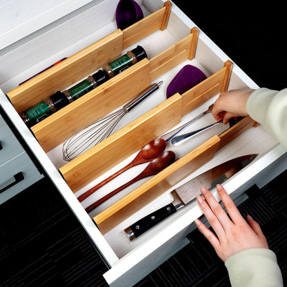 4 Pcs Bamboo Kitchen Drawer Dividers, Large Drawers Organizers | Adjustable Spring Loaded Expandable Organization, Works in Dresser, Bathroom, Bedroom, Office, Fit 17.8"-20.6" Drawer, 2.4"H