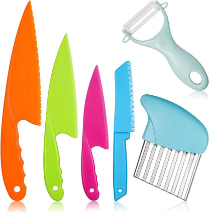 6Pcs Kids Plastic Knives Set with Slicing Knife & Paring Knife - Child Safety Kitchen Knives in 4 Sizes for Vegetables, Fruits, and Salad (BPA-Free, Non-Slip Handle)