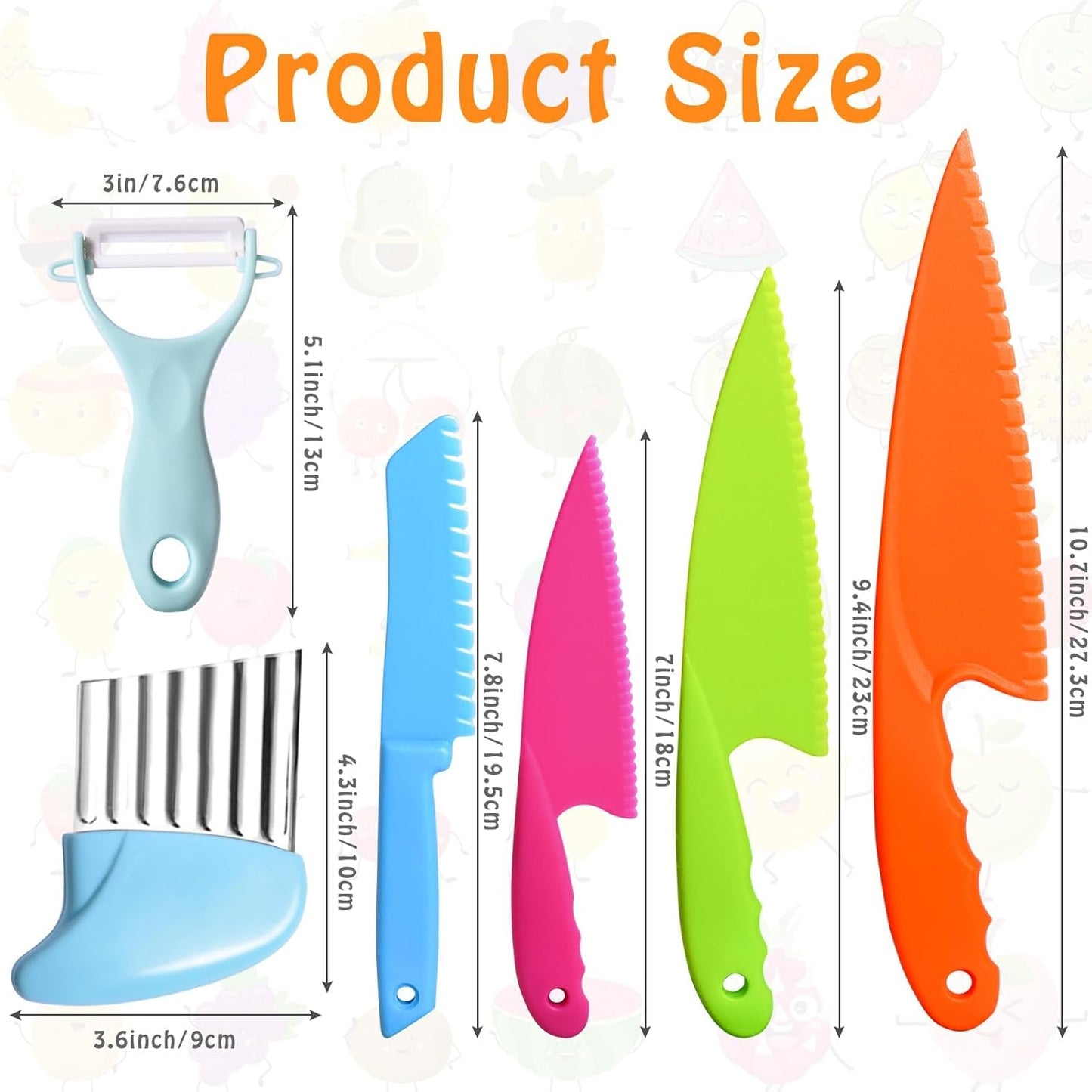 6Pcs Kids Plastic Knives Set with Slicing Knife & Paring Knife - Child Safety Kitchen Knives in 4 Sizes for Vegetables, Fruits, and Salad (BPA-Free, Non-Slip Handle)
