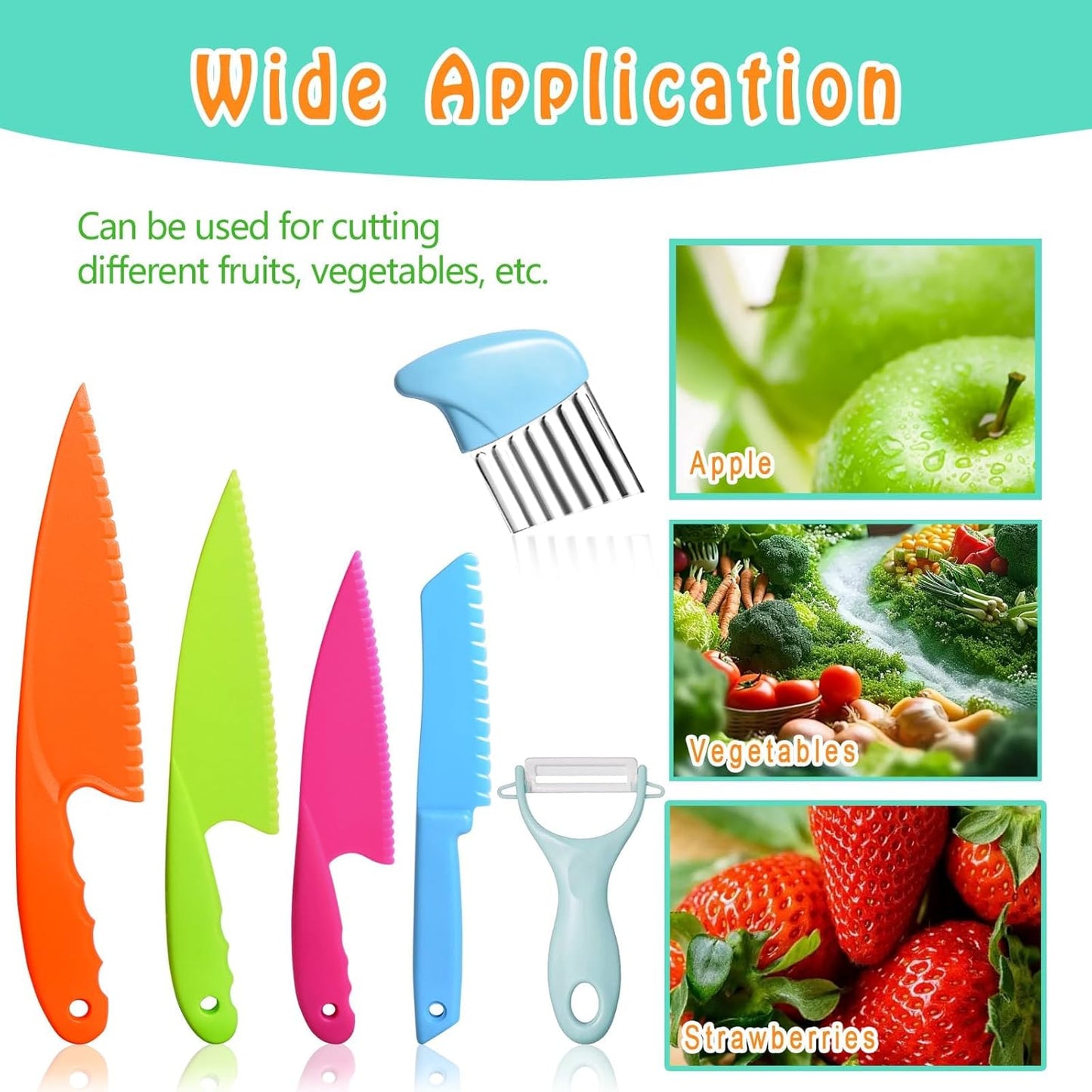 6Pcs Kids Plastic Knives Set with Slicing Knife & Paring Knife - Child Safety Kitchen Knives in 4 Sizes for Vegetables, Fruits, and Salad (BPA-Free, Non-Slip Handle)