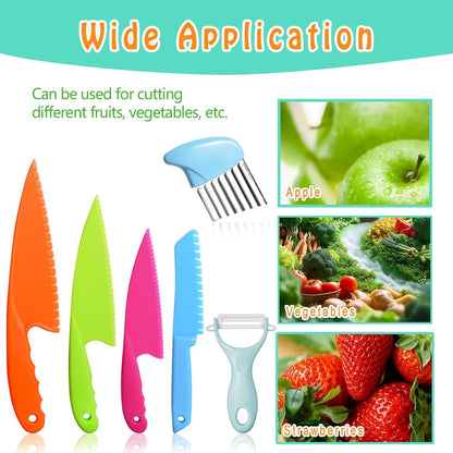 6Pcs Kids Plastic Knives Set with Slicing Knife & Paring Knife - Child Safety Kitchen Knives in 4 Sizes for Vegetables, Fruits, and Salad (BPA-Free, Non-Slip Handle)
