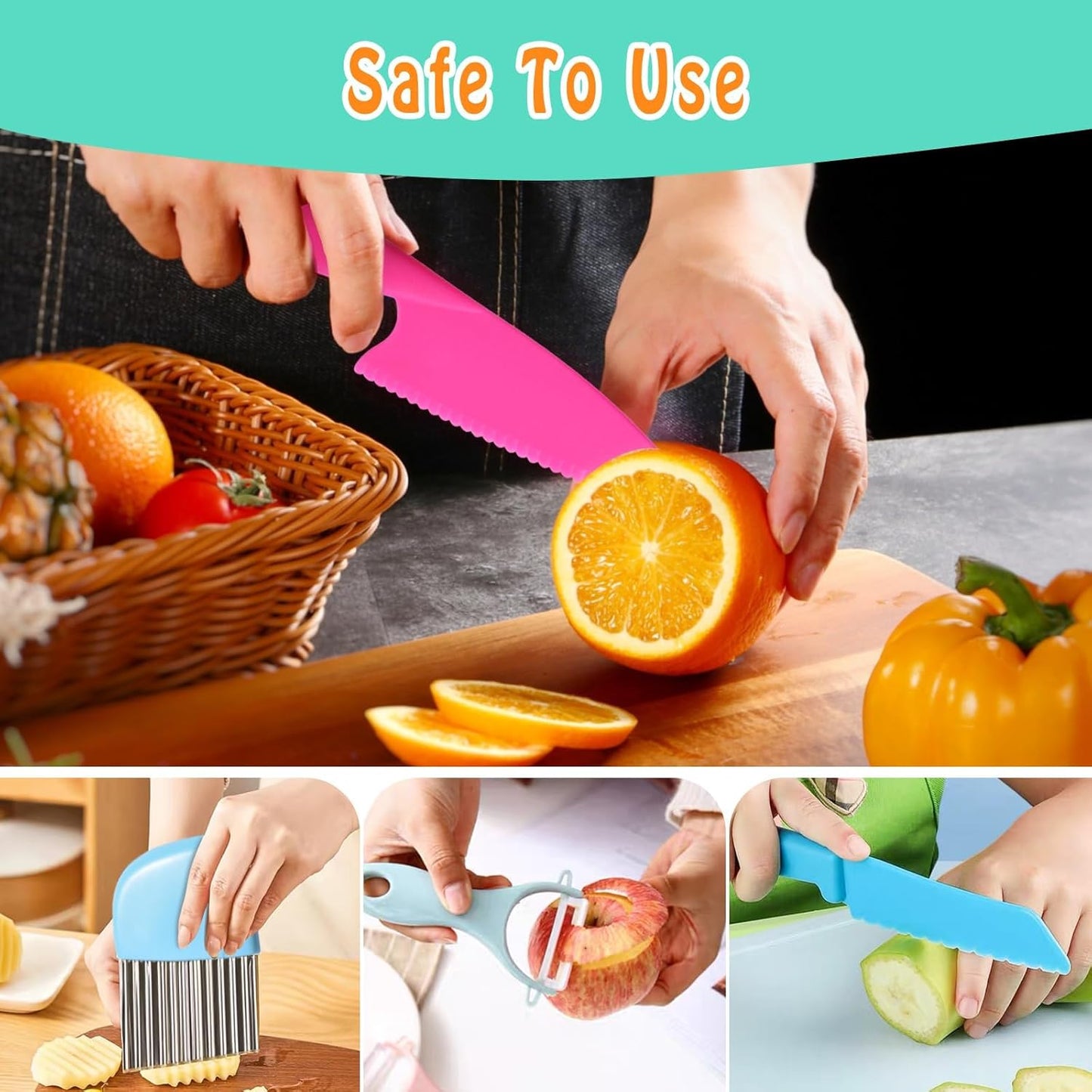 6Pcs Kids Plastic Knives Set with Slicing Knife & Paring Knife - Child Safety Kitchen Knives in 4 Sizes for Vegetables, Fruits, and Salad (BPA-Free, Non-Slip Handle)