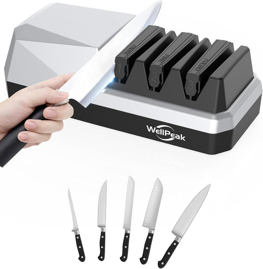 3-Stage Electric Knife Sharpener for 18/20-Degree Knifes, Diamond Abrasive Sharpening for Straight Edge Chef Knives, Ceramic Hone for Chef Knives, Serrated Knives Polishing (SILVER, 3-Stage)