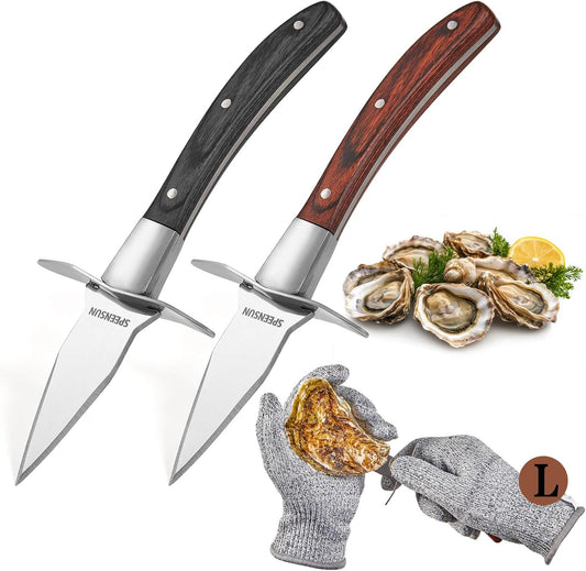 Oyster Shucking Knife Set, Pakkawood Handle, Level 5 Gloves(L) | 2 Heavy-Duty Stainless Steel Shuckers, Anti-Slip Grip, Cut-Resistant Protection, for Oysters, Clams & Seafood