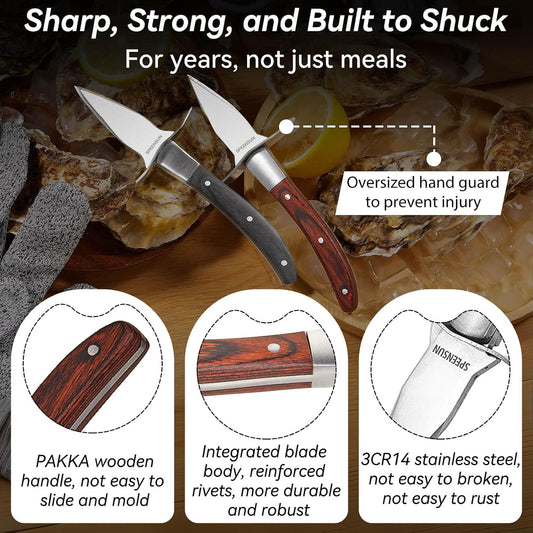 Oyster Shucking Knife Set, Pakkawood Handle, Level 5 Gloves(L) | 2 Heavy-Duty Stainless Steel Shuckers, Anti-Slip Grip, Cut-Resistant Protection, for Oysters, Clams & Seafood