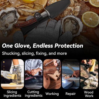 Oyster Shucking Knife Set, Pakkawood Handle, Level 5 Gloves(L) | 2 Heavy-Duty Stainless Steel Shuckers, Anti-Slip Grip, Cut-Resistant Protection, for Oysters, Clams & Seafood