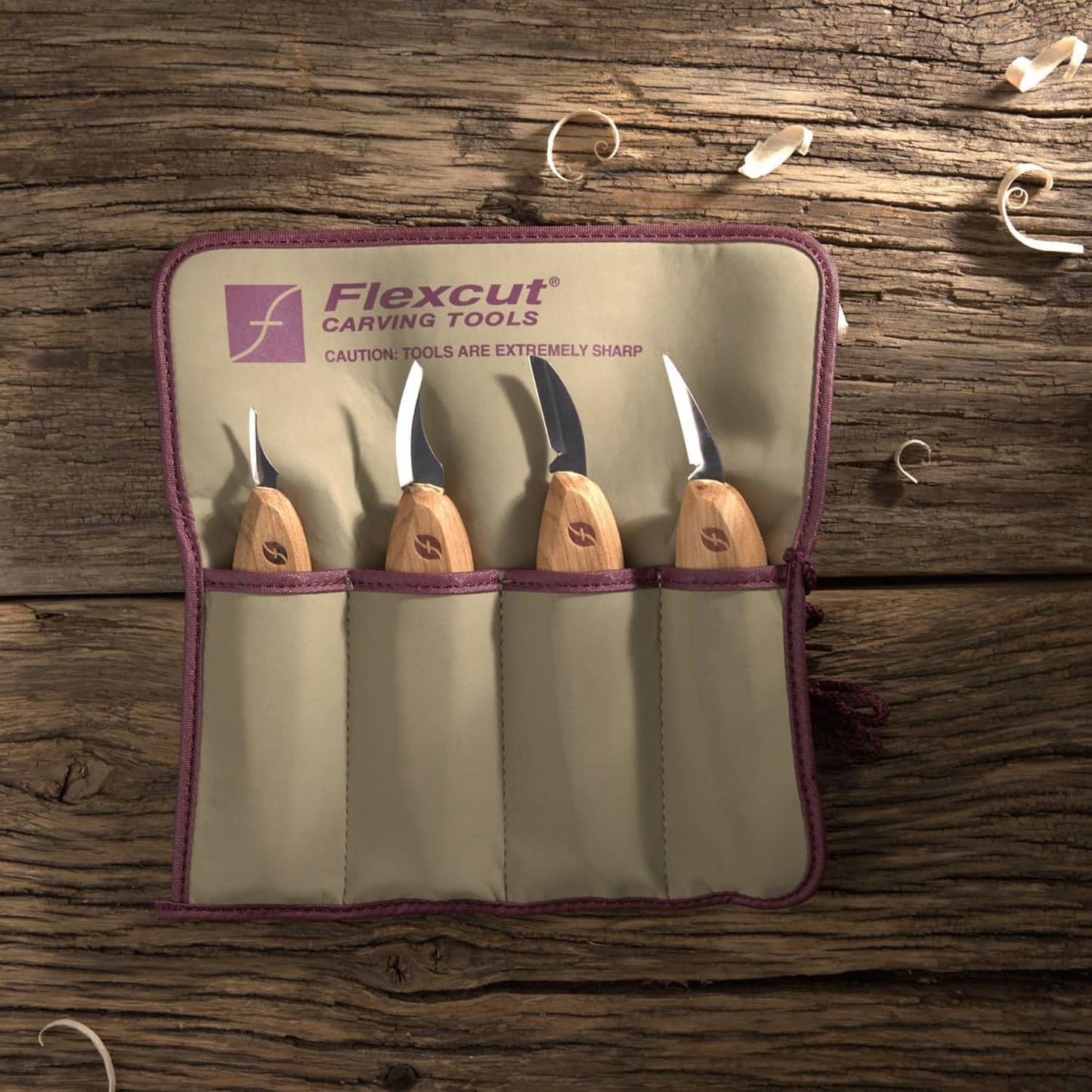 Premium Series Wood Carving Tool Set, 4-Piece Kit with Cutting, Detail, Pelican, and Mini-Pelican Knives Plus Tool Roll, Ergonomic Cherry Wood Handles, USA Made