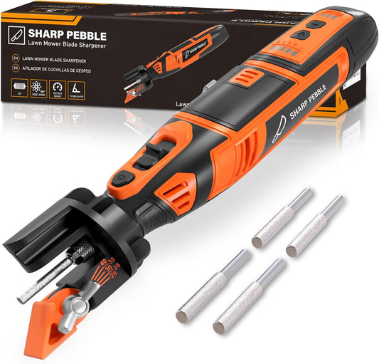 Cordless Lawn Mower Blade Sharpener – Lawnmower Sharpening Kit | Adjustable 20-40 Degree Angle Guide, Rotary Tool, Replaceable Wheel Bits & Rechargeable Battery – Blade Removal Optional