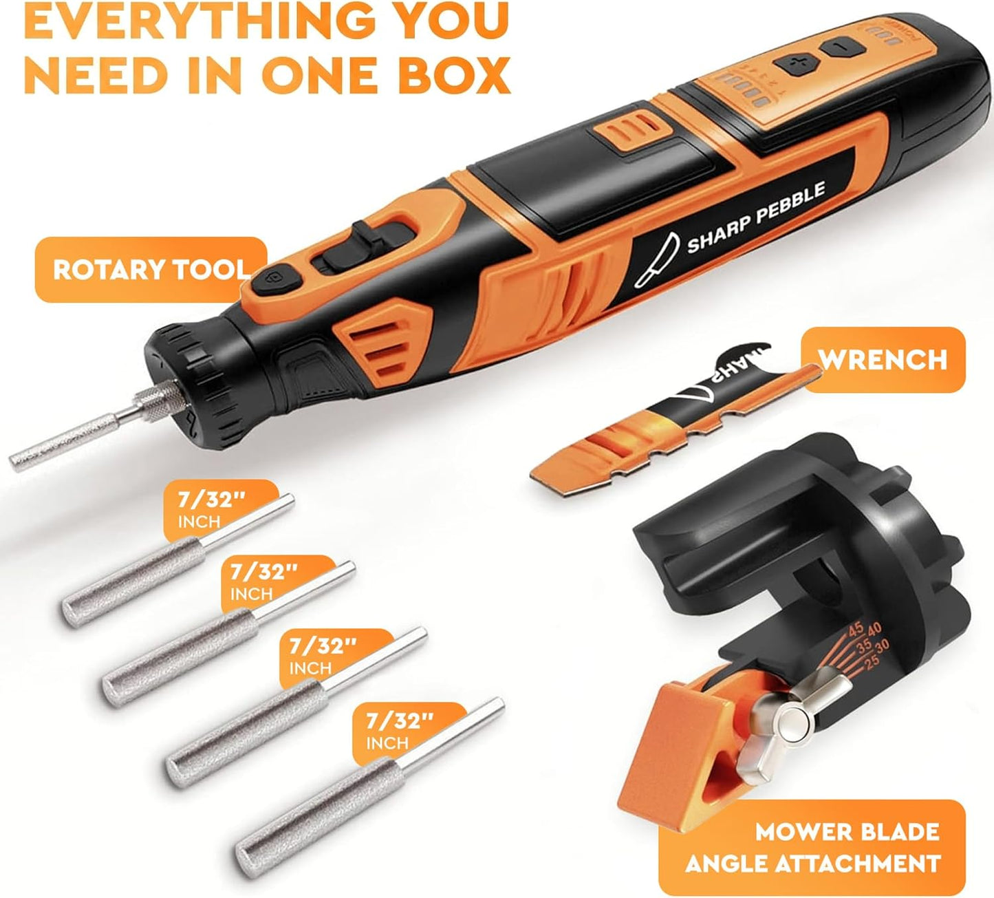 Cordless Lawn Mower Blade Sharpener – Lawnmower Sharpening Kit | Adjustable 20-40 Degree Angle Guide, Rotary Tool, Replaceable Wheel Bits & Rechargeable Battery – Blade Removal Optional