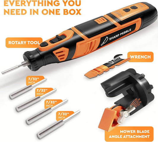 Cordless Lawn Mower Blade Sharpener – Lawnmower Sharpening Kit | Adjustable 20-40 Degree Angle Guide, Rotary Tool, Replaceable Wheel Bits & Rechargeable Battery – Blade Removal Optional