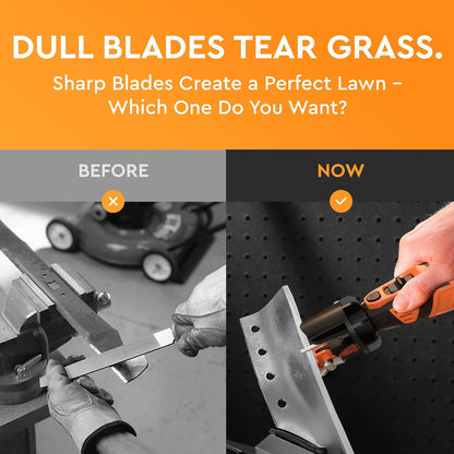 Cordless Lawn Mower Blade Sharpener – Lawnmower Sharpening Kit | Adjustable 20-40 Degree Angle Guide, Rotary Tool, Replaceable Wheel Bits & Rechargeable Battery – Blade Removal Optional
