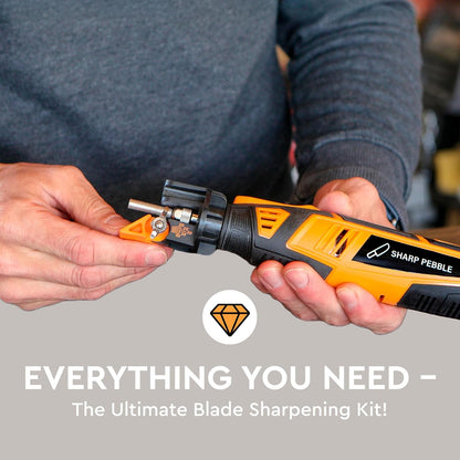 Cordless Lawn Mower Blade Sharpener – Lawnmower Sharpening Kit | Adjustable 20-40 Degree Angle Guide, Rotary Tool, Replaceable Wheel Bits & Rechargeable Battery – Blade Removal Optional