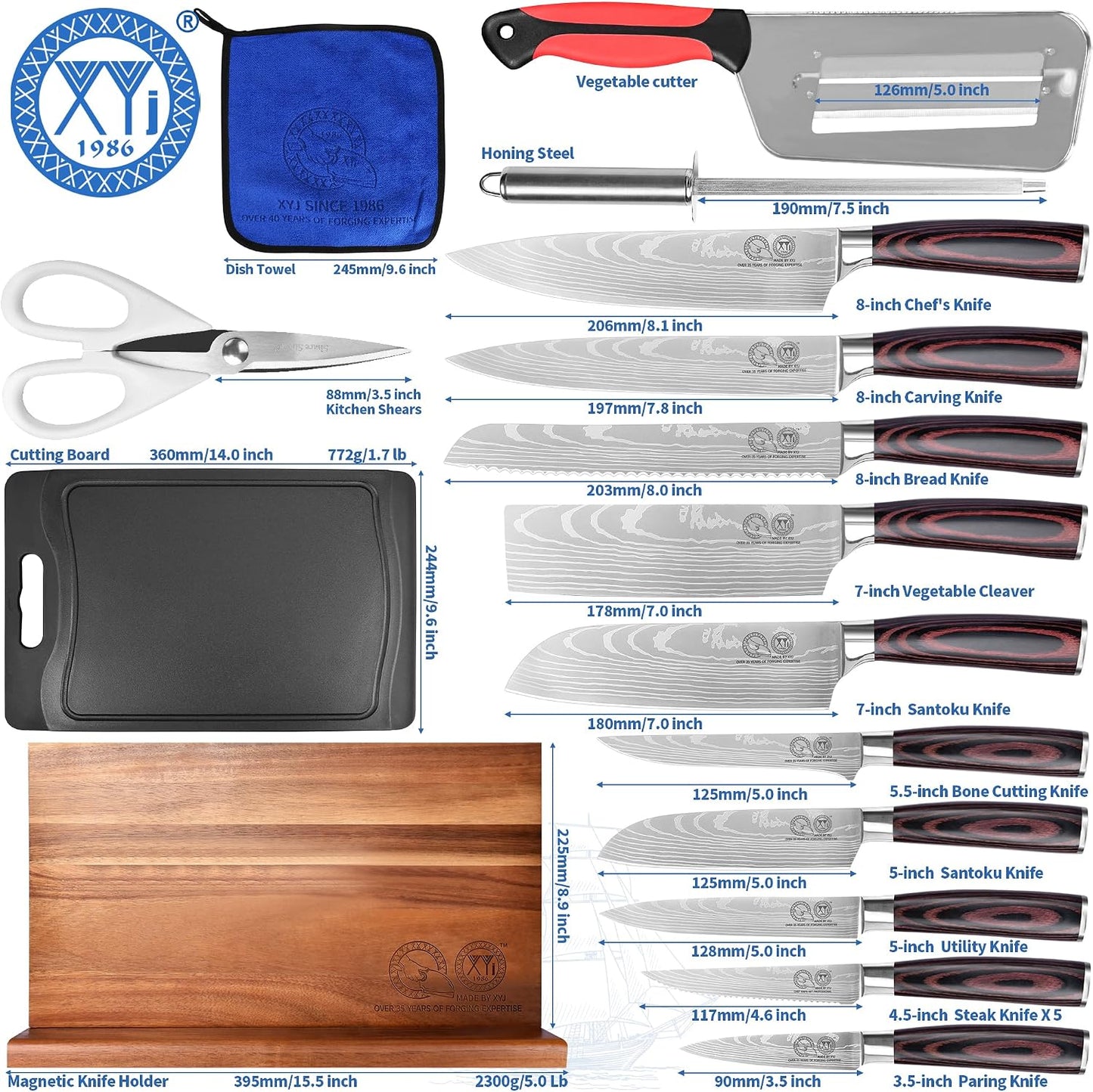 Authentic Since 1986,Knife Block Set,Professional Japanese Style Chef Knives Set with Block,Scissors,Sharpener Rod,Cutting Board,Gloves,Stainless Steel Steak Paring Bread Santoku Kitchen Knives