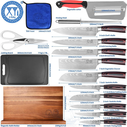 Authentic Since 1986,Knife Block Set,Professional Japanese Style Chef Knives Set with Block,Scissors,Sharpener Rod,Cutting Board,Gloves,Stainless Steel Steak Paring Bread Santoku Kitchen Knives