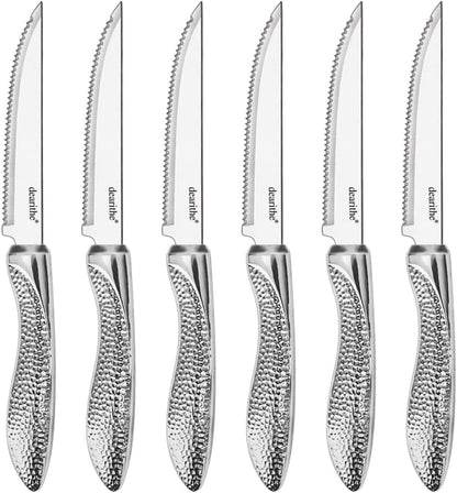Steak Knives Set of 6 Serrated, 4.5 In | Stainless Steel, Sharp Blade, Hammered Pattern Handle,For Kitchen Restaurant Tableware, Dishwasher Safe