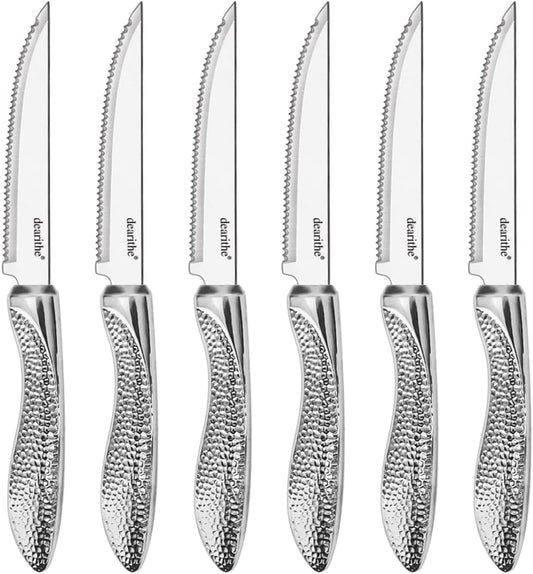 Steak Knives Set of 6 Serrated, 4.5 In | Stainless Steel, Sharp Blade, Hammered Pattern Handle,For Kitchen Restaurant Tableware, Dishwasher Safe