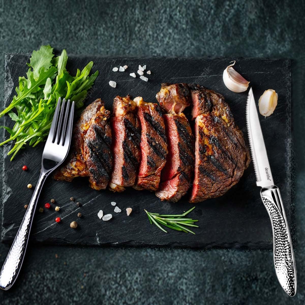 Steak Knives Set of 6 Serrated, 4.5 In | Stainless Steel, Sharp Blade, Hammered Pattern Handle,For Kitchen Restaurant Tableware, Dishwasher Safe