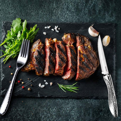 Steak Knives Set of 6 Serrated, 4.5 In | Stainless Steel, Sharp Blade, Hammered Pattern Handle,For Kitchen Restaurant Tableware, Dishwasher Safe