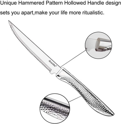 Steak Knives Set of 6 Serrated, 4.5 In | Stainless Steel, Sharp Blade, Hammered Pattern Handle,For Kitchen Restaurant Tableware, Dishwasher Safe