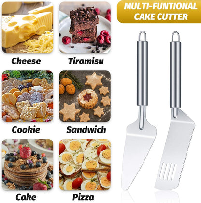 4 Pcs Pie Server Set Serrated Cake Cutter & Spatula Gadgets | Made of stainless steel with grip handle, as cake knife for cutting and serving desserts, brownies, pizza and lasagna