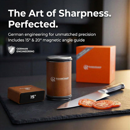 Rolling Knife Sharpener Tool with 15° & 20° Magnetic Angle Guide, Diamond & Ceramic Discs,Easy Manual Knife Sharpening Kit for Kitchen & Outdoor Knives, Durable Wood Design (Brown Finish)
