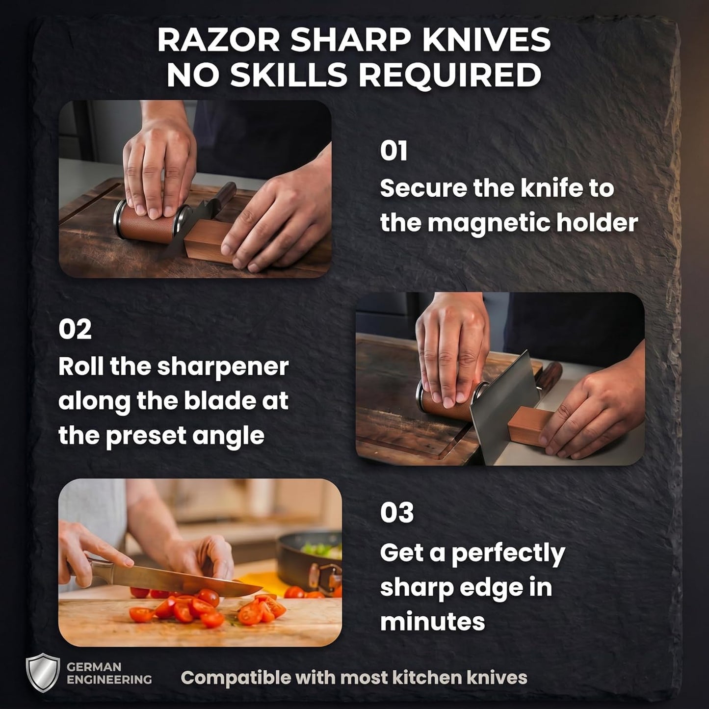 Rolling Knife Sharpener Tool with 15° & 20° Magnetic Angle Guide, Diamond & Ceramic Discs,Easy Manual Knife Sharpening Kit for Kitchen & Outdoor Knives, Durable Wood Design (Brown Finish)