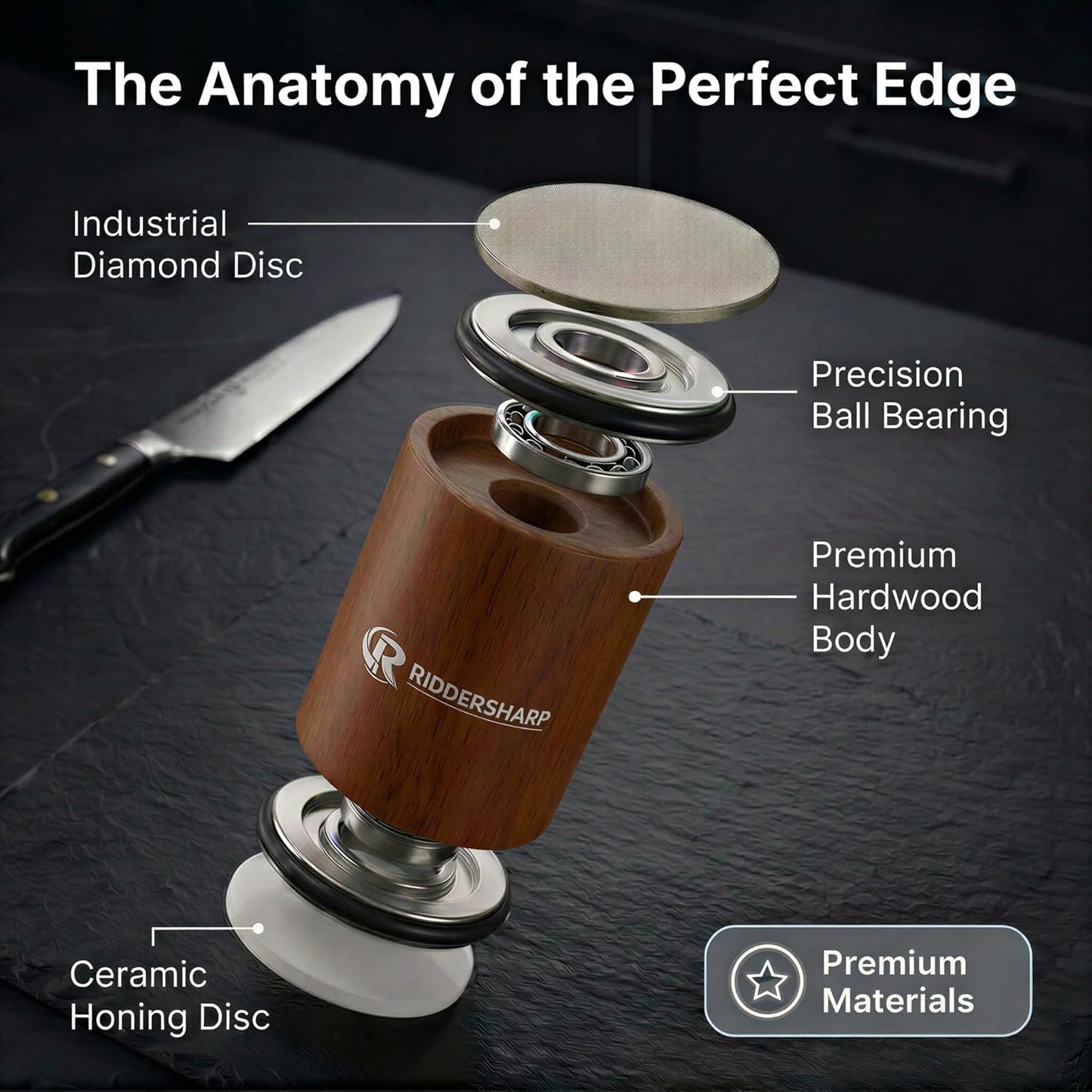 Rolling Knife Sharpener Tool with 15° & 20° Magnetic Angle Guide, Diamond & Ceramic Discs,Easy Manual Knife Sharpening Kit for Kitchen & Outdoor Knives, Durable Wood Design (Brown Finish)