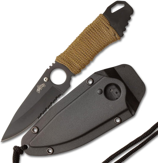 – Fixed Blade Neck Knife – Stainless Steel Blade & Handle, Hard Nylon Fiber Sheath w/Lanyard, Full Tang Construction, Tactical, EDC, Self Defense (Tan)