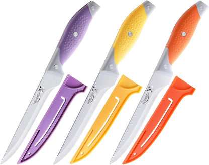 3PCS Boning Knife, German Stainless Steel Fillet Knives, 6 inch Curved Boning Deboning Filet Fillet Knife for Meat, Fish, Poultry, Cutting, Trimming, Ergonomic Rubber Handle, Dishwasher Safe