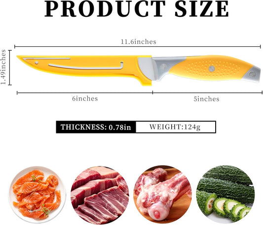 3PCS Boning Knife, German Stainless Steel Fillet Knives, 6 inch Curved Boning Deboning Filet Fillet Knife for Meat, Fish, Poultry, Cutting, Trimming, Ergonomic Rubber Handle, Dishwasher Safe