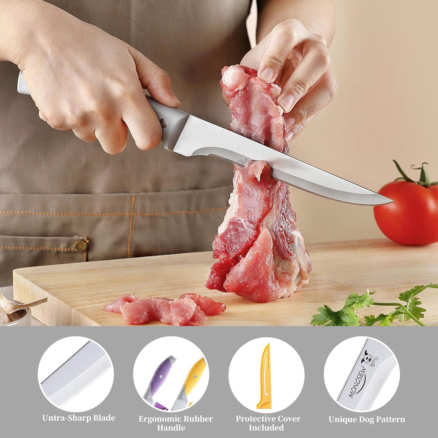 3PCS Boning Knife, German Stainless Steel Fillet Knives, 6 inch Curved Boning Deboning Filet Fillet Knife for Meat, Fish, Poultry, Cutting, Trimming, Ergonomic Rubber Handle, Dishwasher Safe