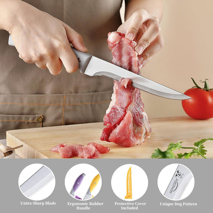 3PCS Boning Knife, German Stainless Steel Fillet Knives, 6 inch Curved Boning Deboning Filet Fillet Knife for Meat, Fish, Poultry, Cutting, Trimming, Ergonomic Rubber Handle, Dishwasher Safe