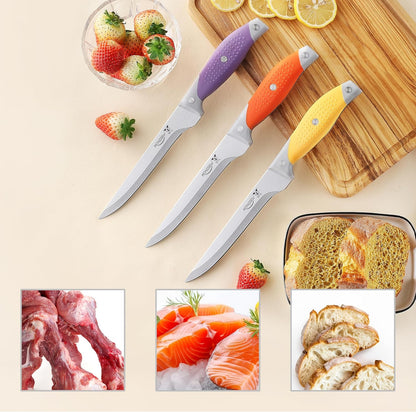 3PCS Boning Knife, German Stainless Steel Fillet Knives, 6 inch Curved Boning Deboning Filet Fillet Knife for Meat, Fish, Poultry, Cutting, Trimming, Ergonomic Rubber Handle, Dishwasher Safe